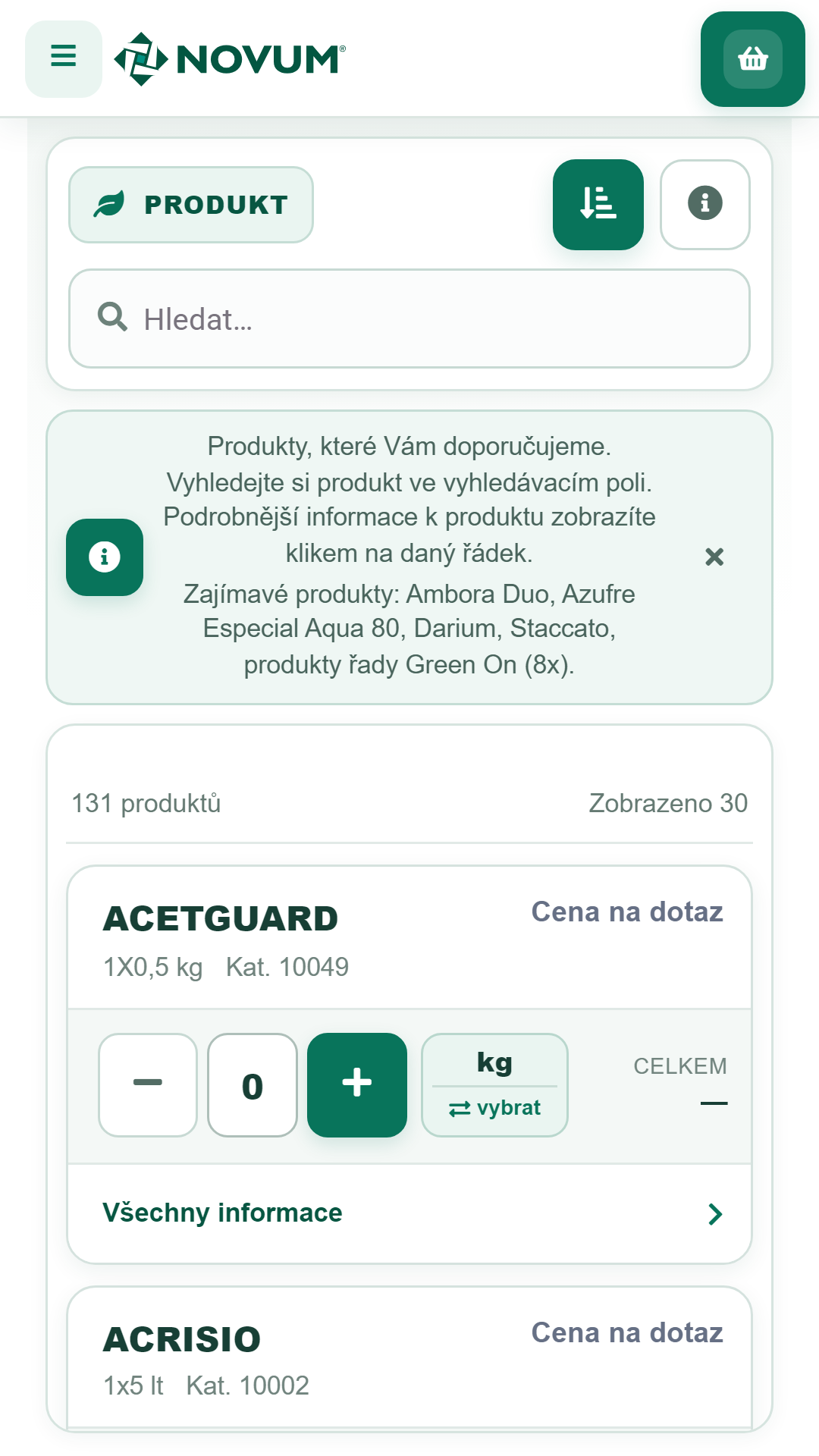 Produktový katalog v aplikaci NOVUM portál